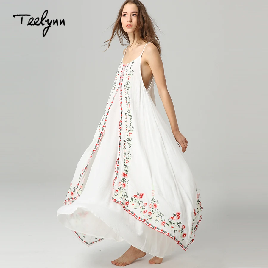 TEELYNN Maxi biała sukienka boho Vintage, w kwiaty haftowane bez rękawów pasek długie letnie sukienki odzież plażowa kobiety sukienka Vestido