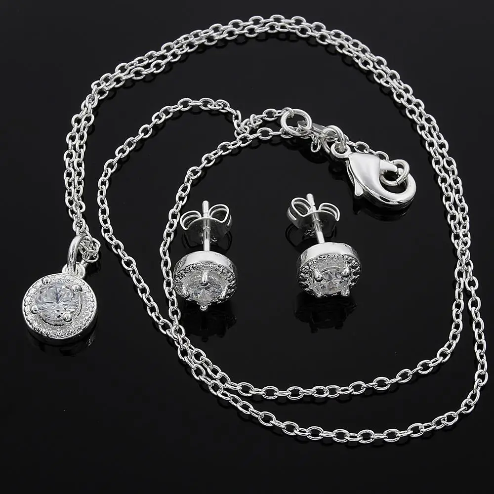 HOT promotion Lover gifts cute silver color  fashion noble women shiny crystal CZ necklace earring jewelry set Wedding cs006