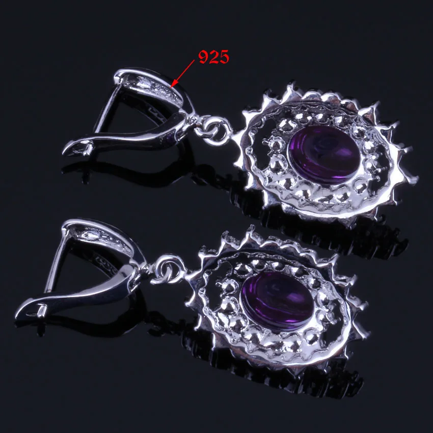 Shining Huge Oval Purple Cubic Zirconia White CZ Silver Plated Jewelry Sets Earrings Pendant Chain Ring V0266