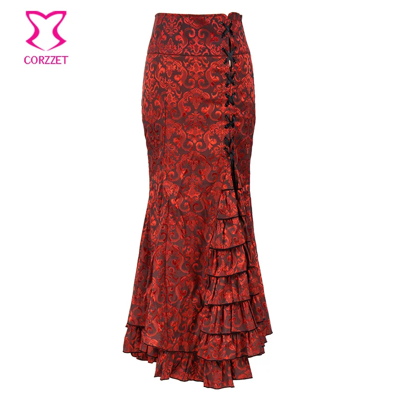 Red Brocade Lace Up Ruffle Mermaid Vintage Steampunk Skirt Plus Size Gothic Clothing Long Slim Victorian Skirts For Women S-6XL