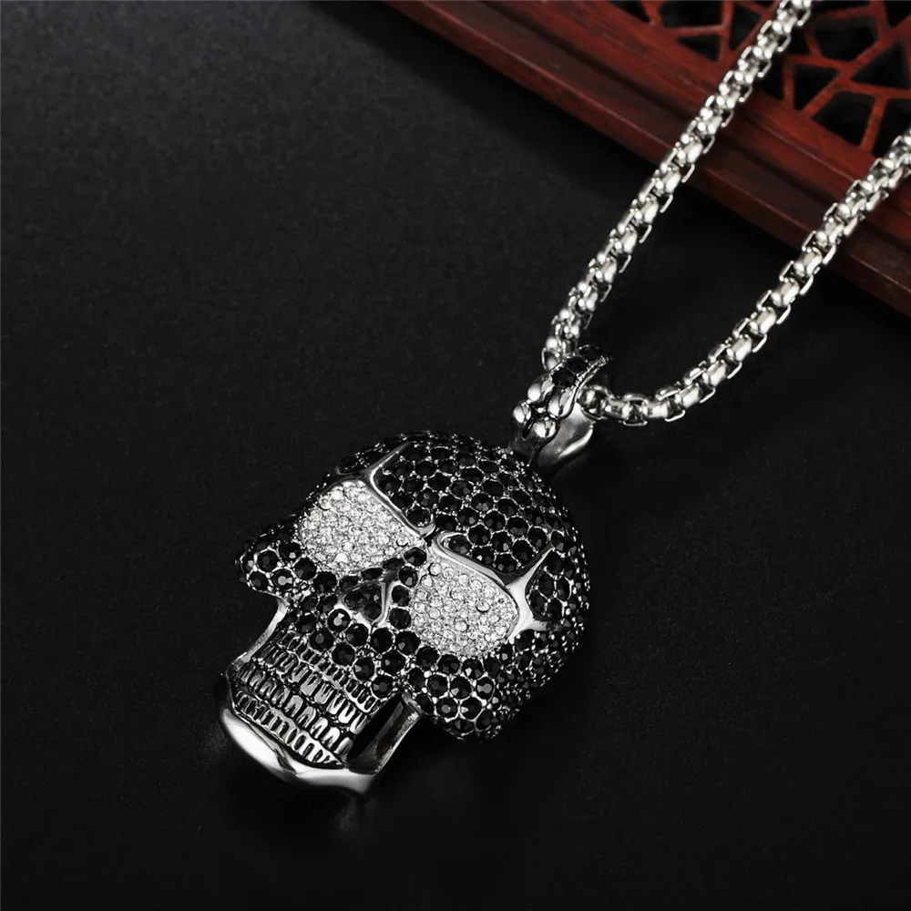 Full Rhinestone Punk Gothic Titanium Stainless Steel Biker Skeleton Skull Pendants Necklaces for Men Jewelry HE109