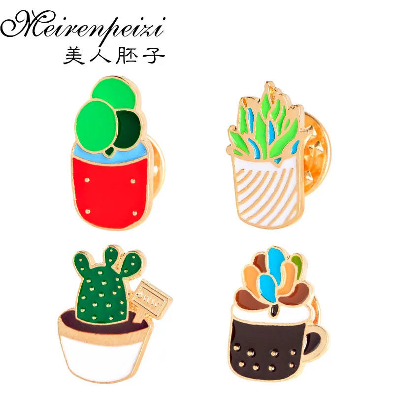 4PC Hot Fashion Cactus Enamel Pins Brooches Summer Colorful Succulent Potted Plants Brooch Women Bag Lapel Pins Jewelry