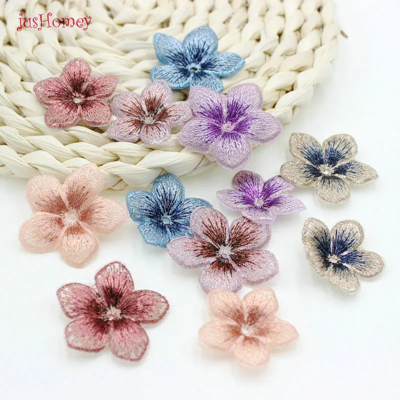 30PCS Boutique Embroidery Five Petals Flower 3D Appliques DIY Accessories 40mm/35mm for Party Decor, Doll Embellishment