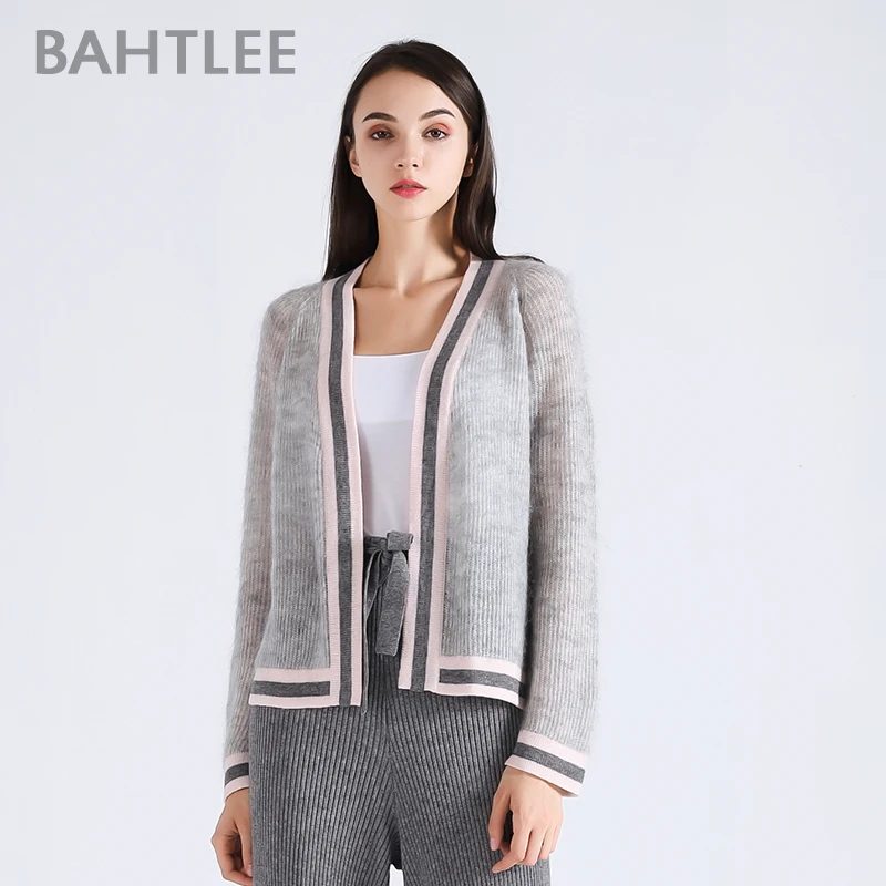 BAHTLEE-Women's Mohair Coat, Knitted Cardigan, V-neck Sweater, Long Sleeves, Striped, Thin Light, Spring, Autumn