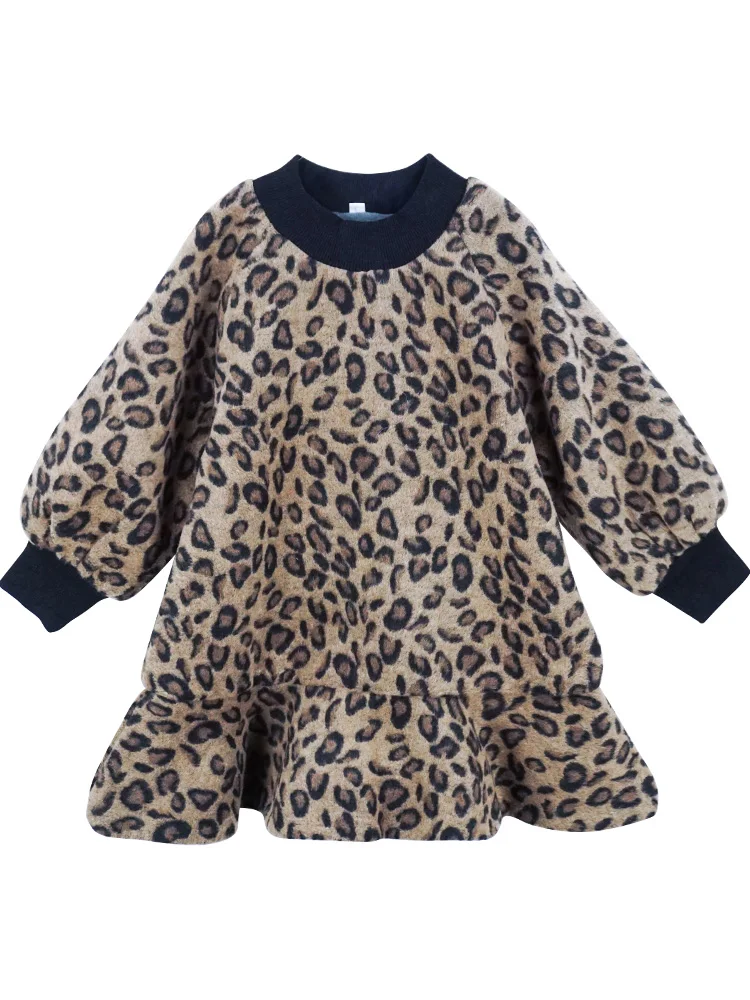 Leopard Pattern Girls Woolen Dresses for Kids Winter Kids Girls Long Sleeve Tutu Dress Girls Thick Fleece Dress Age 6 8 10 12