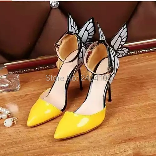 Yellow Patent Leather Ladies Shoes Butterfly Wings Stiletto Sandals Women Party Wedding High Heels Pointed Toe Ankle Strap Pumps