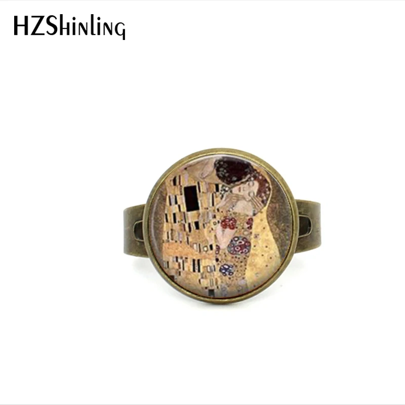 2017 New Style The Kiss Klimt Cameo Glass Art Picture Ring Photo Handcrafted Jewelry Adjustable Rings Gifts For Girls