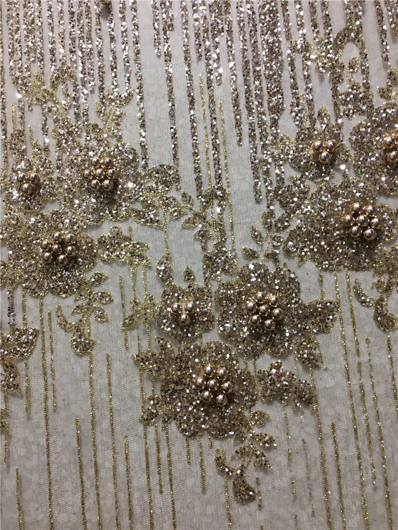 

fashion glued glitter lace fabric H-1964 for evening dress on sale gold mesh material with pearls for party dress
