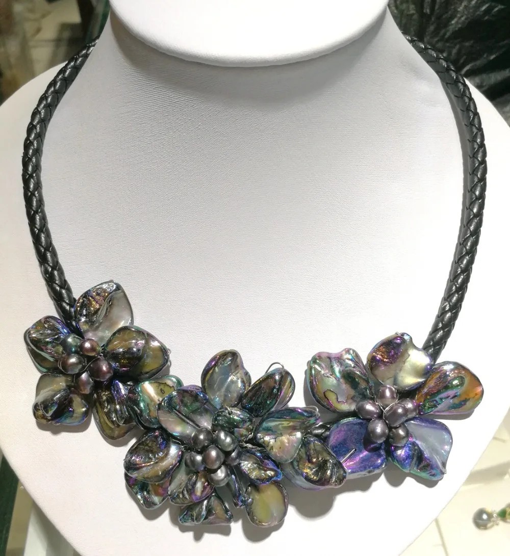 

3 Flowers Black colors Classic Jewelry natural pearl handmade shell pendant necklace 45cm 18''