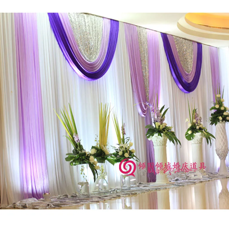 

Customized Size white Wedding backdrops curtains with purple pleated swag And silver Sequin Fabric for Wedding Party Decoration