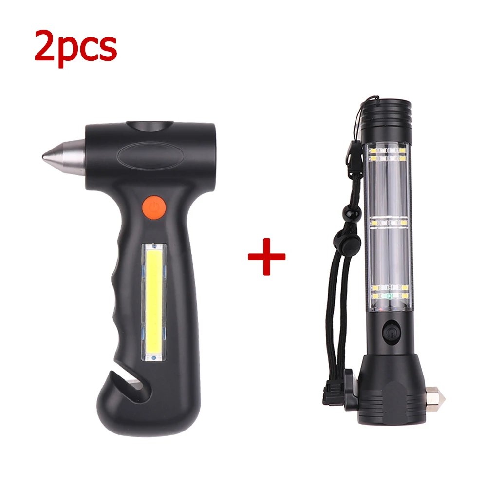 Solar Power LED Flashlight Safety Hammer Cutter Torch  Light Multi-Functional Magnet Survival for Camping Outdoor Emergency Tool