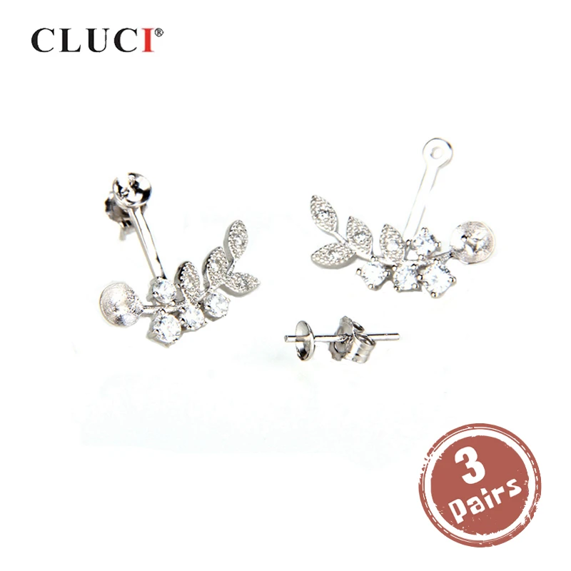 

CLUCI 3 pair wholesale 925 Sterling Silver Demountable Foliage Earrings Pearl Earrings Mounting Silver 925 Earrings SE047SB