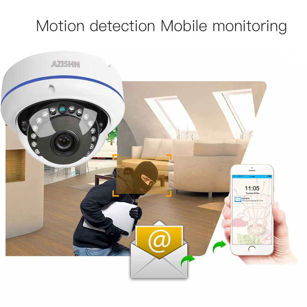 AZISHN H.265 5MP 3MP 2MP IP Camera Vandalproof Security PTP Alert 15IR Dome metal waterproof Surveillance Camera XMEye