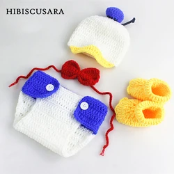 Costumes de photographie de bébé en tricot fait à la main, ensembles de photos de nouveau-né de canard de dessin animé, chapeau, culotte, chaussures à nœud papillon, tenues 4 pièces