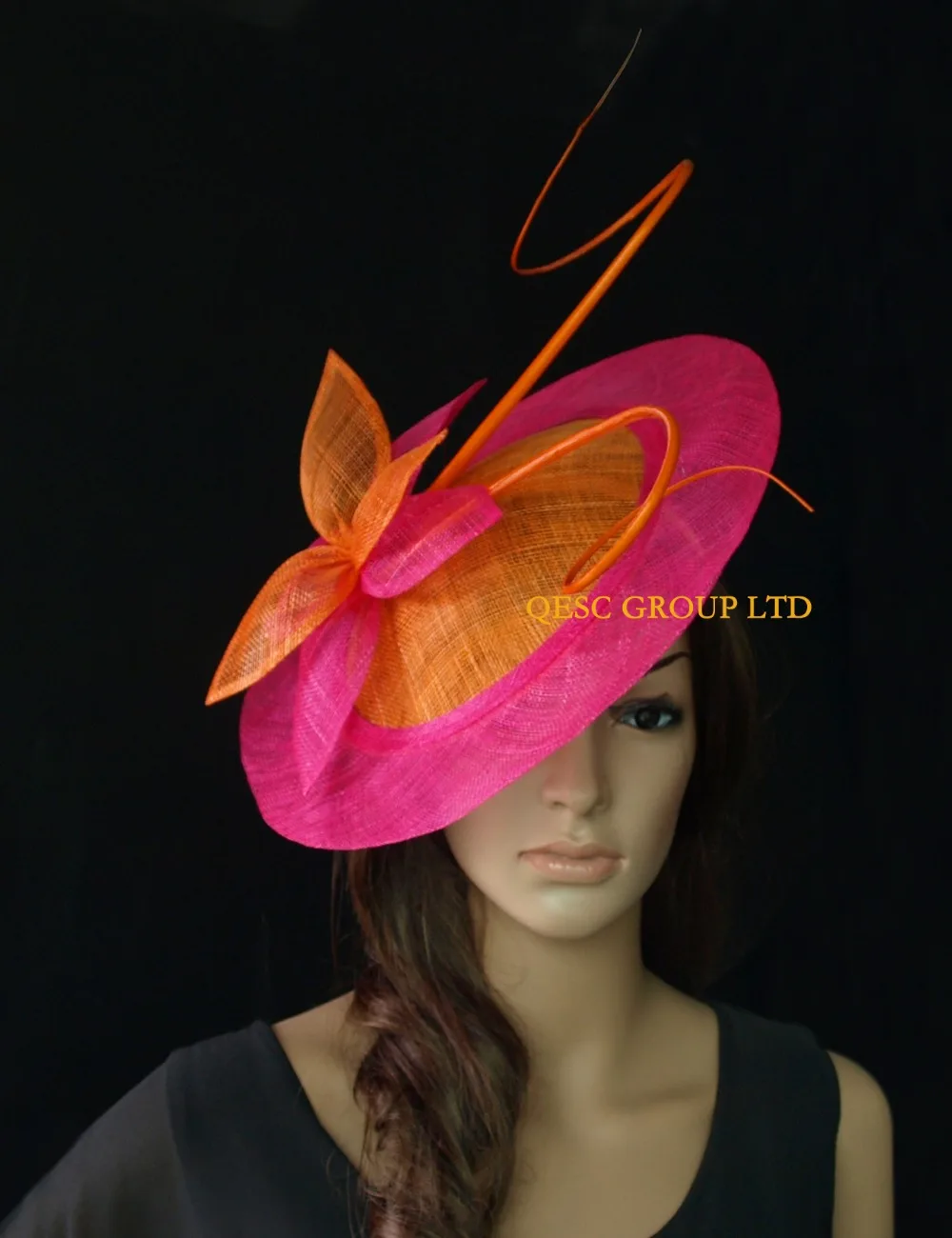 NEW FUCHSIA HOT PINK ORANGE BIG SINAMAY FASCINATOR SAUCER HAT.