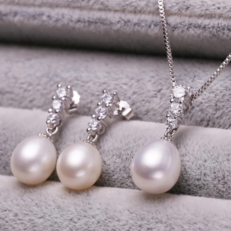 Pearl Jewelry Sets for women pearl Pendant necklace Earrings white Natural freshwater pearls 925 sterling silver Jewelry set