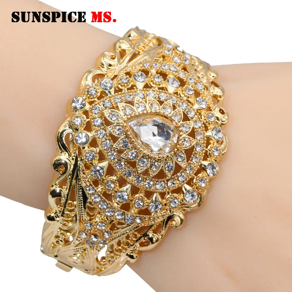 SUNSPICE-MS Gold Color Metal Morocco Bangles Love Jewelry For Women Wedding Dubai Bridal Gift Vintage Resin Flower Cuff Bracelet