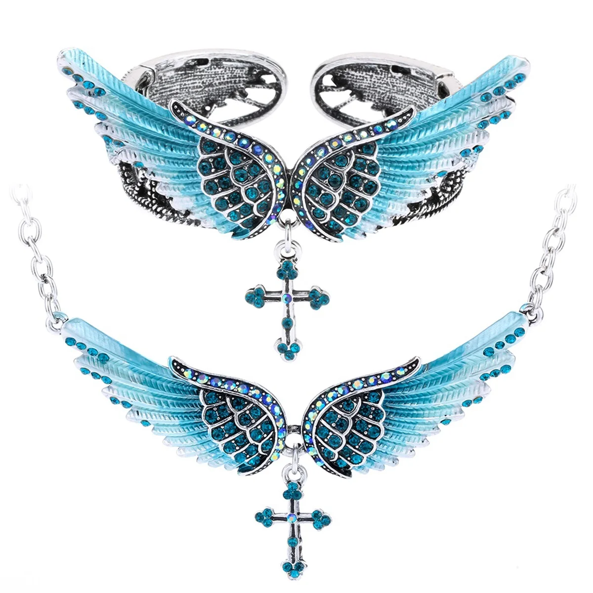 Angel wing cross necklace bracelet sets women biker jewelry birthday gifts women her girlfriend wife mom dropshipping NBNC01