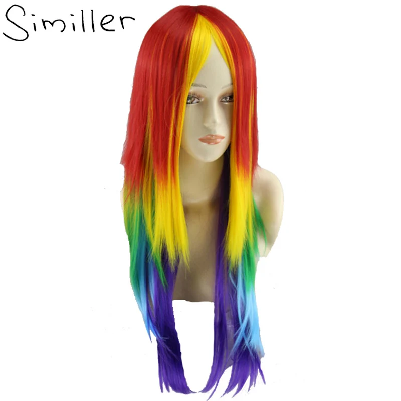 Simmostrador peruca de cabelo sintético, peruca longa cosplay arco-íris em várias cores sintético, resistente ao calor para festa