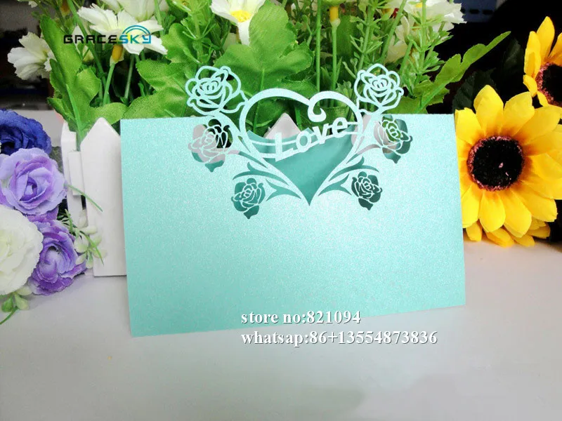 50pcs high quality free shipping laser cutting Love heart paper Name Place Wedding invitation Cards for Party Table Decoration