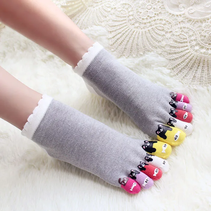 3 Pairs Summer Thin Casual Cartoon Socks Five-finger Female Toe Socks Cotton Breathable Casual Socks With Separate Toes