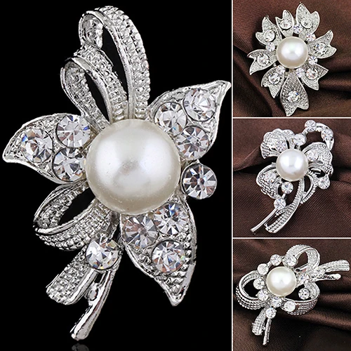 Classic Rhinestone Crystal Women Flower Brooches Bridal Bouquet Pin Simulated Pearl Broches Crystal Brooch Pins Women