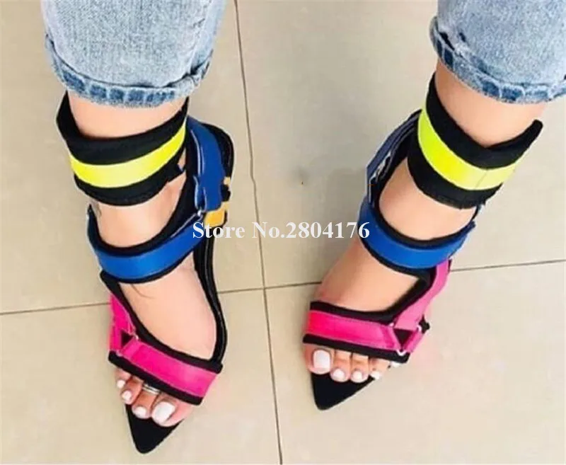 

Brand Design Women Fashion Pointed Open Toe Mixed-colors Stiletto Heel Gladiator Sandals Patchwork Ankle Strap High Heel Sandals
