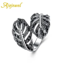 Ajojewel Retro Black Rhinestone Leaf Ring For Women Size 7-9 Fashion Hand Jewelry Vintage Collection Bijoux