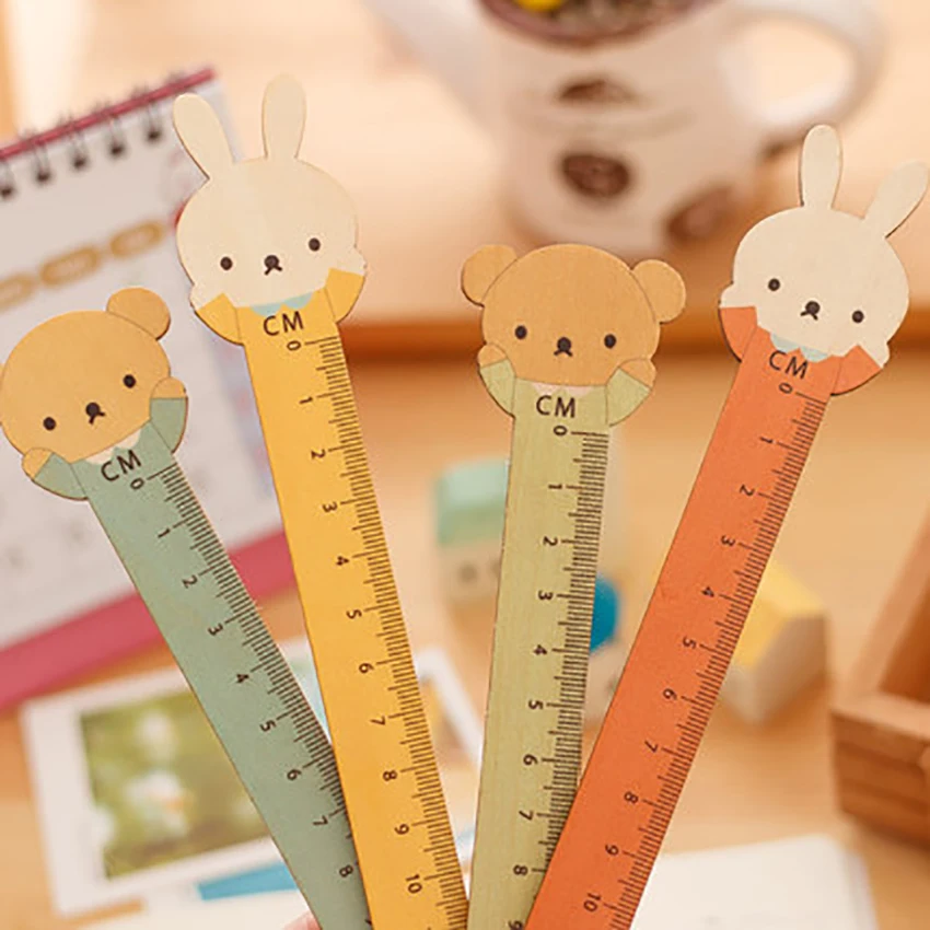 15cm Kawaii Bear Rabbit Shape Wooden Straight Ruler Bookmarks Kids Prizes Learning Drawing Measuring Tools Students Stationery