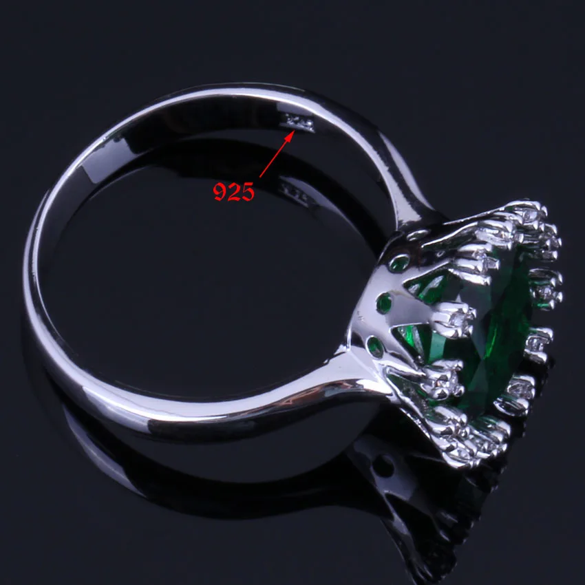 Unique Round Green Cubic Zirconia White CZ Silver Plated Jewelry Sets Earrings Pendant Chain Ring V0278