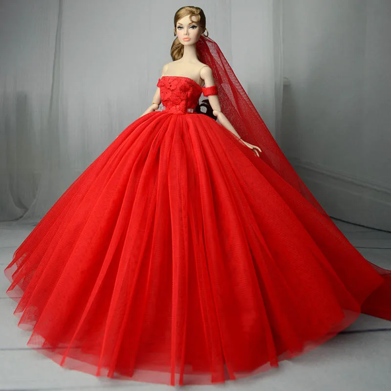 Red Wedding Dress for Barbie Doll Princess Evening Party Gown Clothes Wears Long Dress Outfits With Veil 1/6 Doll Accessories image 3