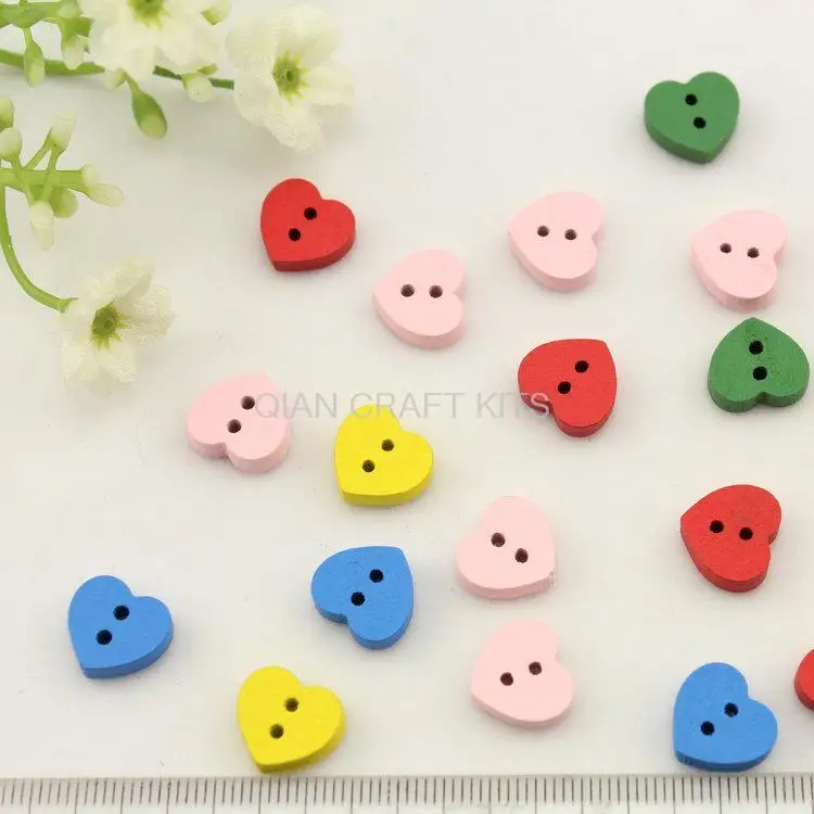 600pcs colorful small heart wood 2 holes kawaii wooden buttons 12mm cabochon for diy jewelry,scrapbook,crafts-MK0208