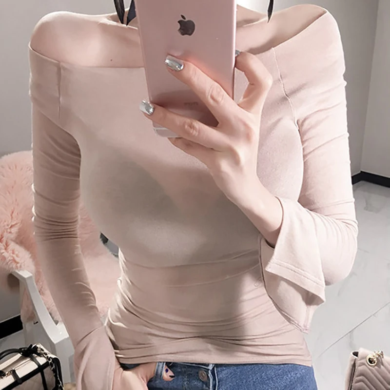 

Shintimes Sexy Slash Neck T Shirt Women Korean Style Clothes Slim Tshirt Elasticity T-Shirt 2022 Casual Long Sleeve Tops Womens