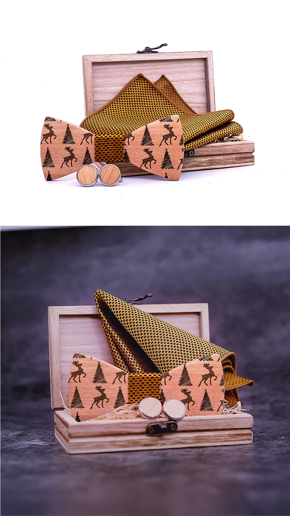 Holz design handgemachte Holz fliege brosche holz box set hochzeit partei bankett manschettenknöpfe taschentücher revers blumen – Detail 1