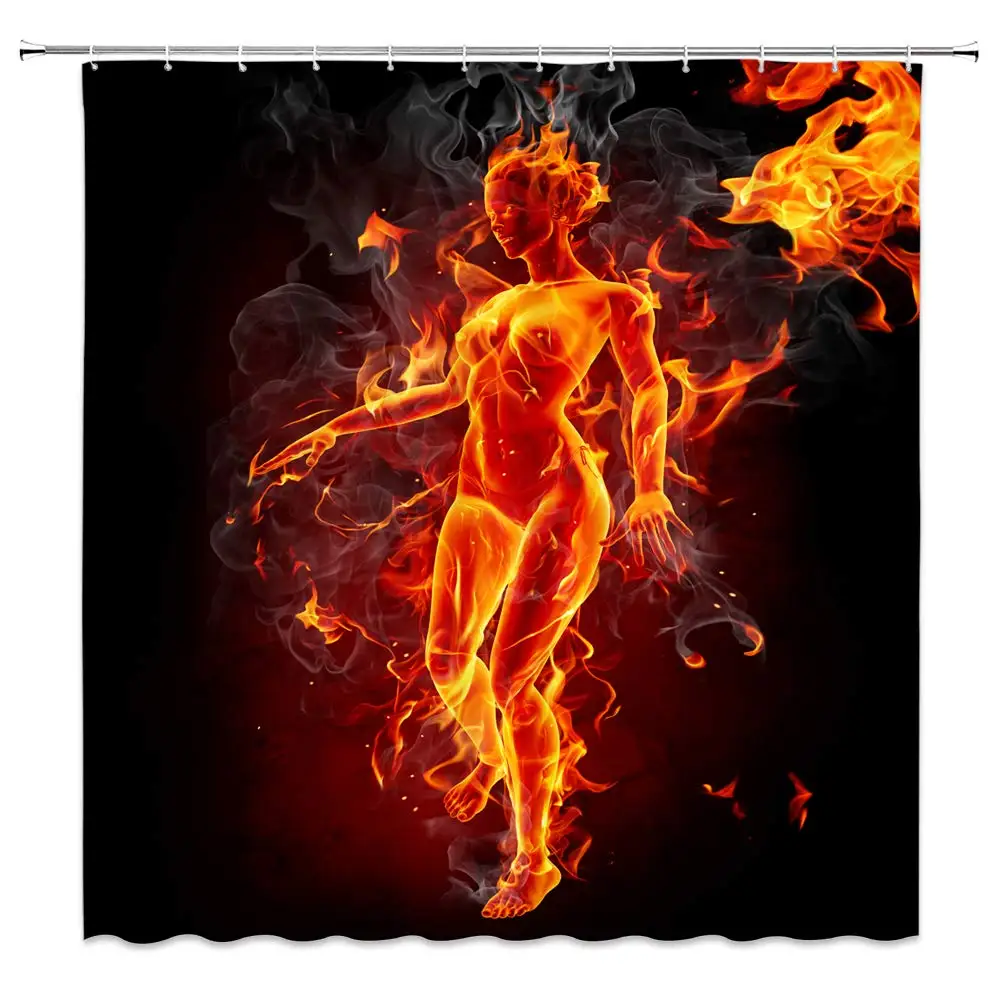 Woman Shower Curtain Fire Burning Groping Forward Black Red Bathroom Decor Accessories