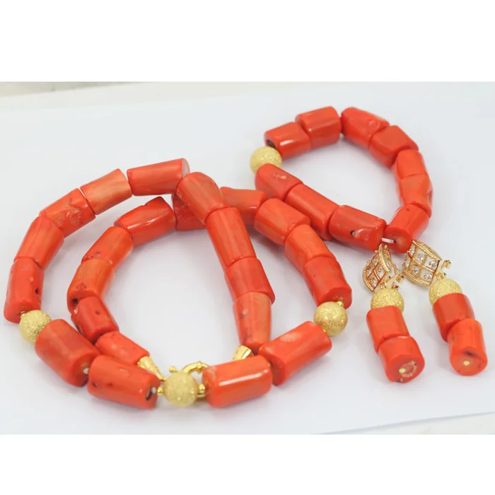 New Cheap Simple Original Coral Beads Jewelry Set Natural Coral Necklace Earrings Bracelet Set Bridal Free Shipping ABL981