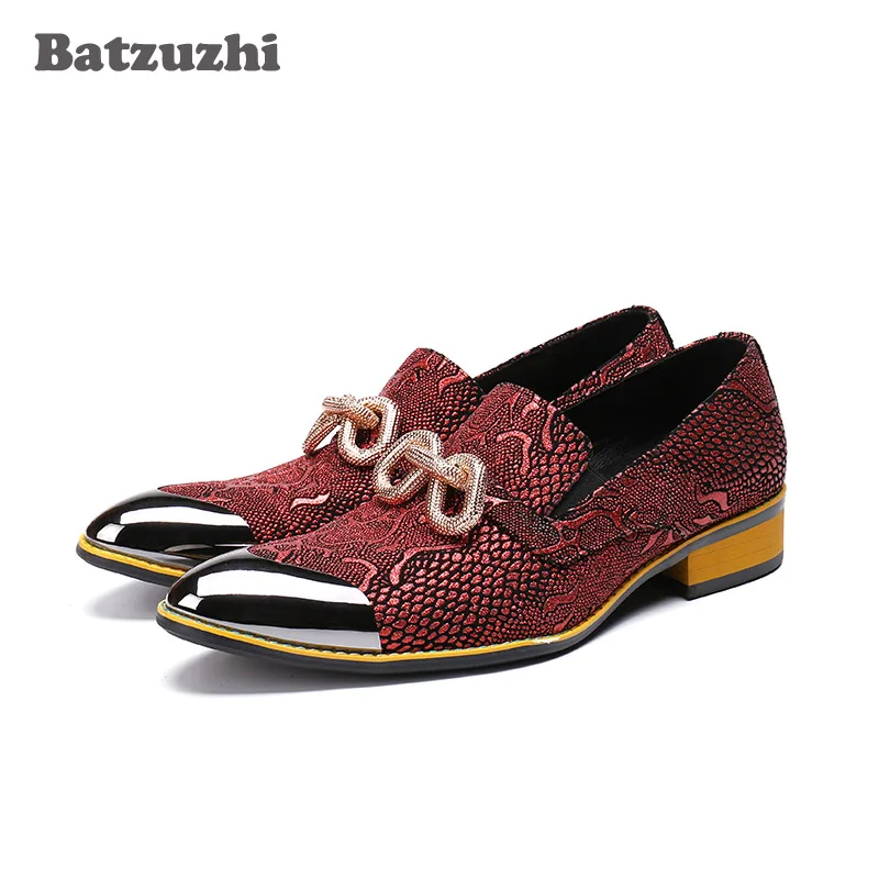 Batzuzhi Italian Style Fashion Mens Shoes Sapato Masculino Pointed Metal Tip Leather Shoes Men Wine Red Wedding Shoes Men Party