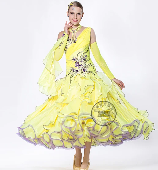 

customize yellow Fox trot Quick step Ballroom tango Modern tango Waltz competition Dance Dress long sleeve