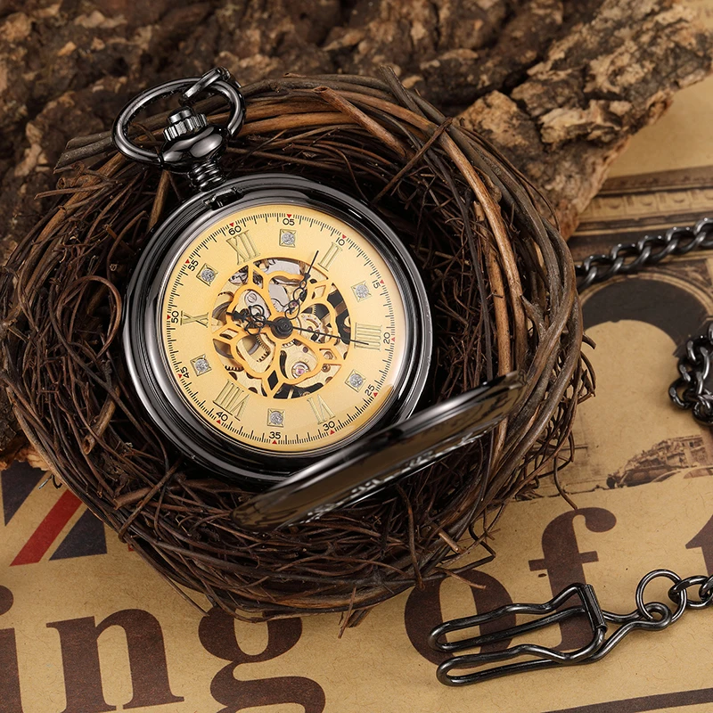 2021 Vintage Black Gold Mechanical Watch Hand Wind Mechanical Pocket Watch Roman Numerals Skeleton Fob Chain Men Male Watch