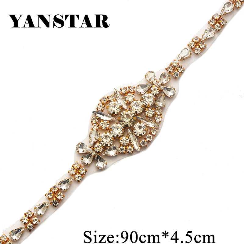 

YANSTAR(5Pcs)Wholesale Full Size Rhinestones Appliques Sewing Clear Rose Gold Rhinestones Sew on For Bridal Gown Sash YS895