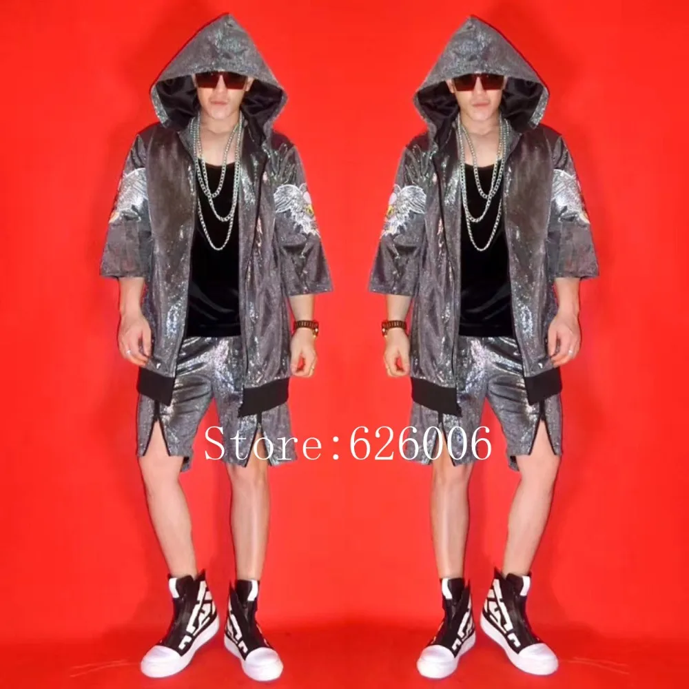 Personality Men's Silver hip-hop baseball uniform cloak costumes set Nightclub bar singer dancer stage show performance wear