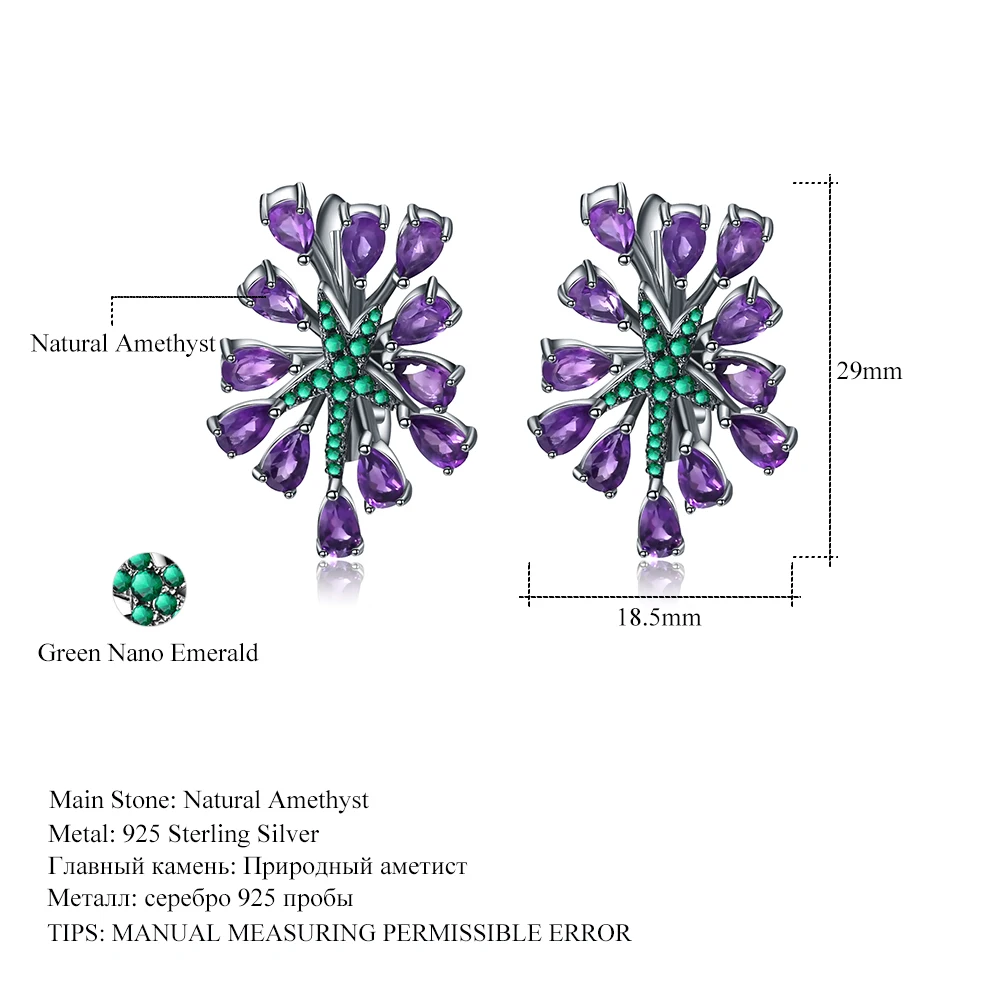 GEM\'S BALLET 4.69Ct Natural Amethyst Gemstone Clip Earrings 925 Sterling Sliver Vintage Gothic Punk Earrings For Women Party