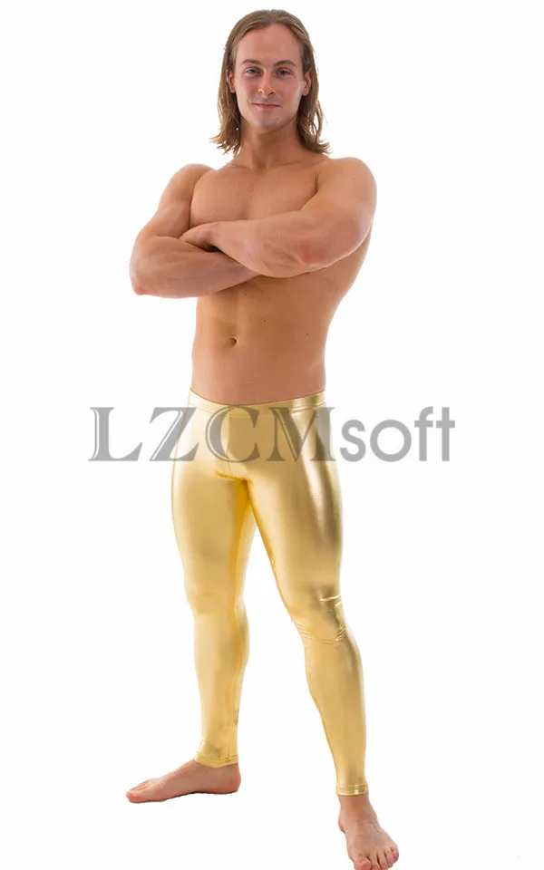 LZCMsosft Mens Spandex Shiny Metallic Gold Dance Leggings Low Waisted Stage Performance Costume Pants Skinny Leggings for Adults