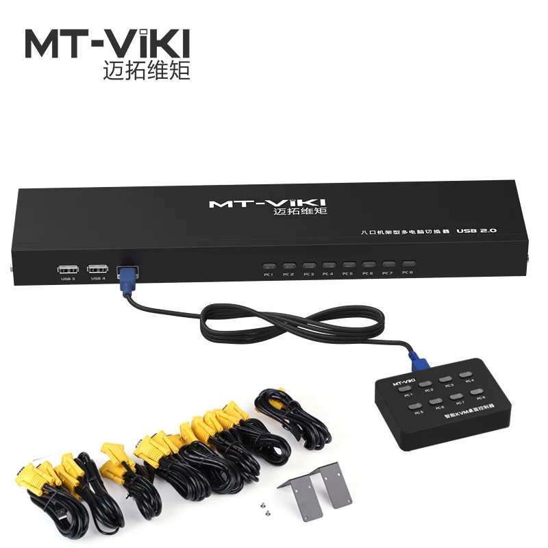 MT-VIKI 8 Port Smart KVM Switch Kunci Manual Tekan VGA USB Kabel Remote Ekstensi Switcher 1U Konsol dengan Kabel Asli 801UK-L