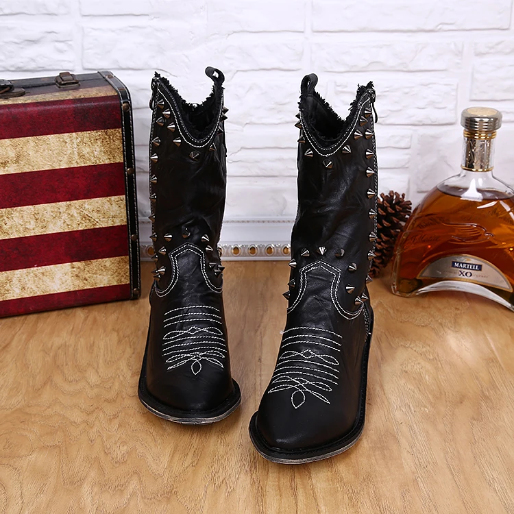 Italian Men Knee High Boots Black Brown High Top Work Studded Cowboy Boots Pointed Toe Rivets Motorcycle Shoes Man