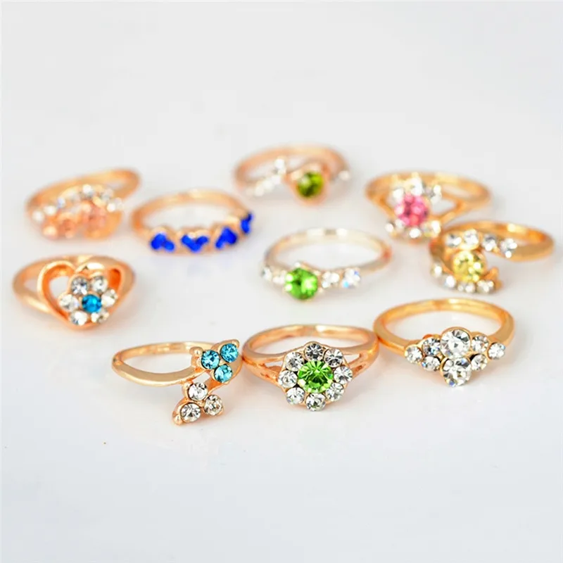 10 Pcs Gold Color Woman Rings Assorted Design Crystal Ring Cute Kid Child Party Small Size Adjustable Jewelry Wholesale Lot Gift