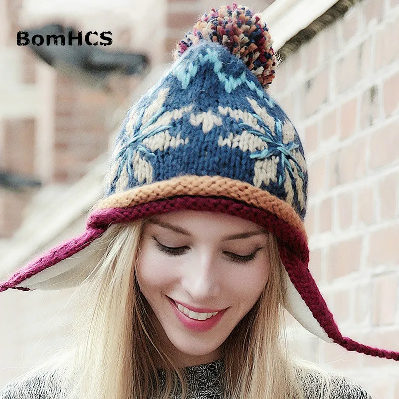 BomHCS 100% Handmade Ethnic Style Crochet Mosaic Parquet Beanie Knitted Hat Women\'s Winter Warm Cap