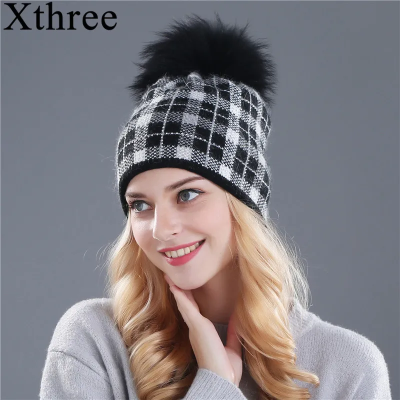 

Xthree women winter real mink knitted hat pom poms wool rabbit fur hat for women girls beanies Skullies hat