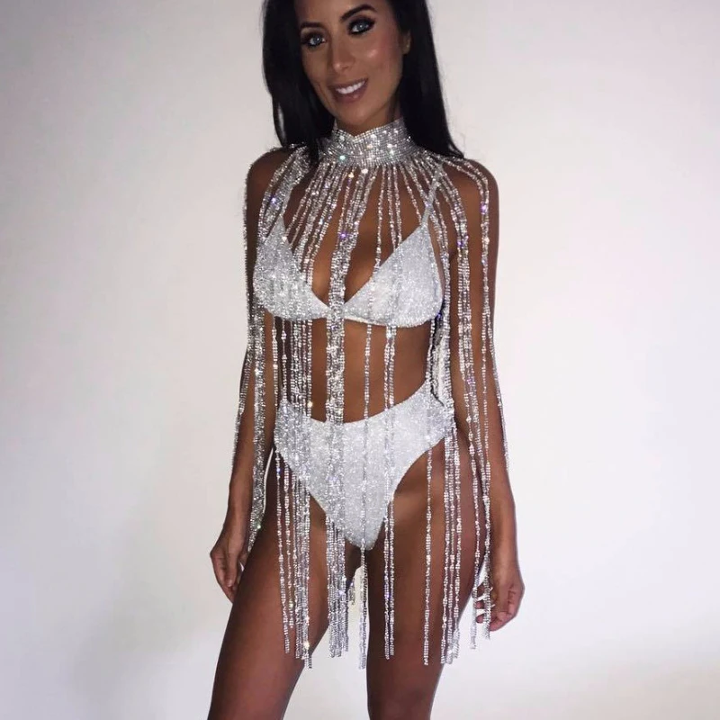 AKYZO 2025 Fashion Rhinestone Tassel Long Tank Tops Women Sexy Luxury Hollow Out Turtleneck Nightclub Party Show Carzy Top
