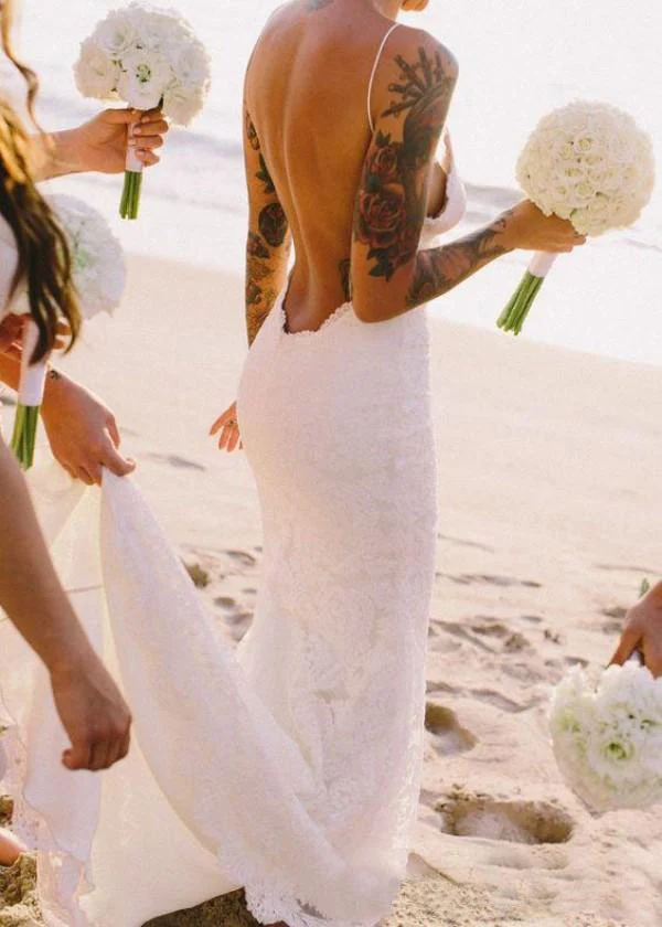 E JUE SHUNG Weiß Spitze Backless Meerjungfrau Sommer Brautkleider Spaghetti-trägern Low Back Boho Strand Hochzeit Kleider